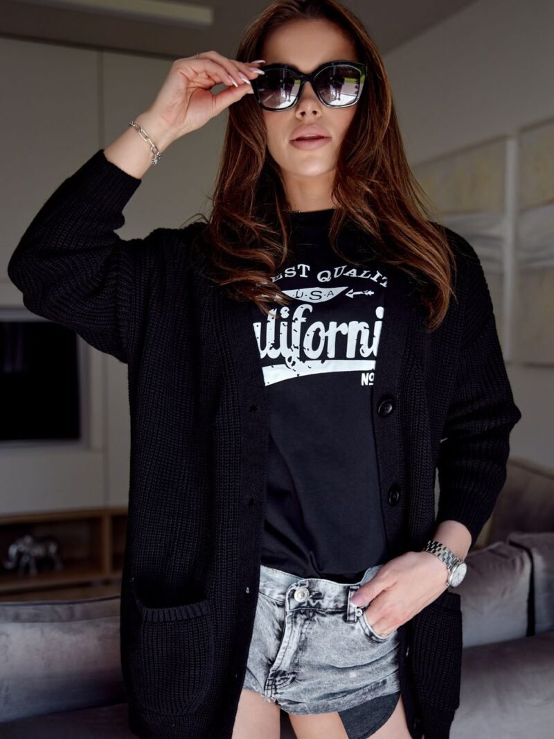 Voľný dámsky sveter na gombíky | Čierny