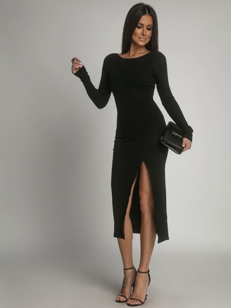 Rebrované dámske šaty so zadným výstrihom | Čierne