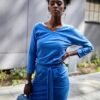 Midi dámske šaty s viazaním v páse | Modré